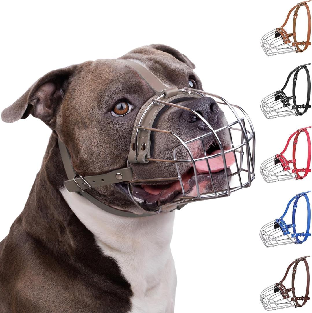 BRONZEDOG Pitbull Dog Muzzle Breathable Metal Basket for Large Dogs Amstaff Staffordshire Terrier Biting Chewing Barking (Leather, Gray)
