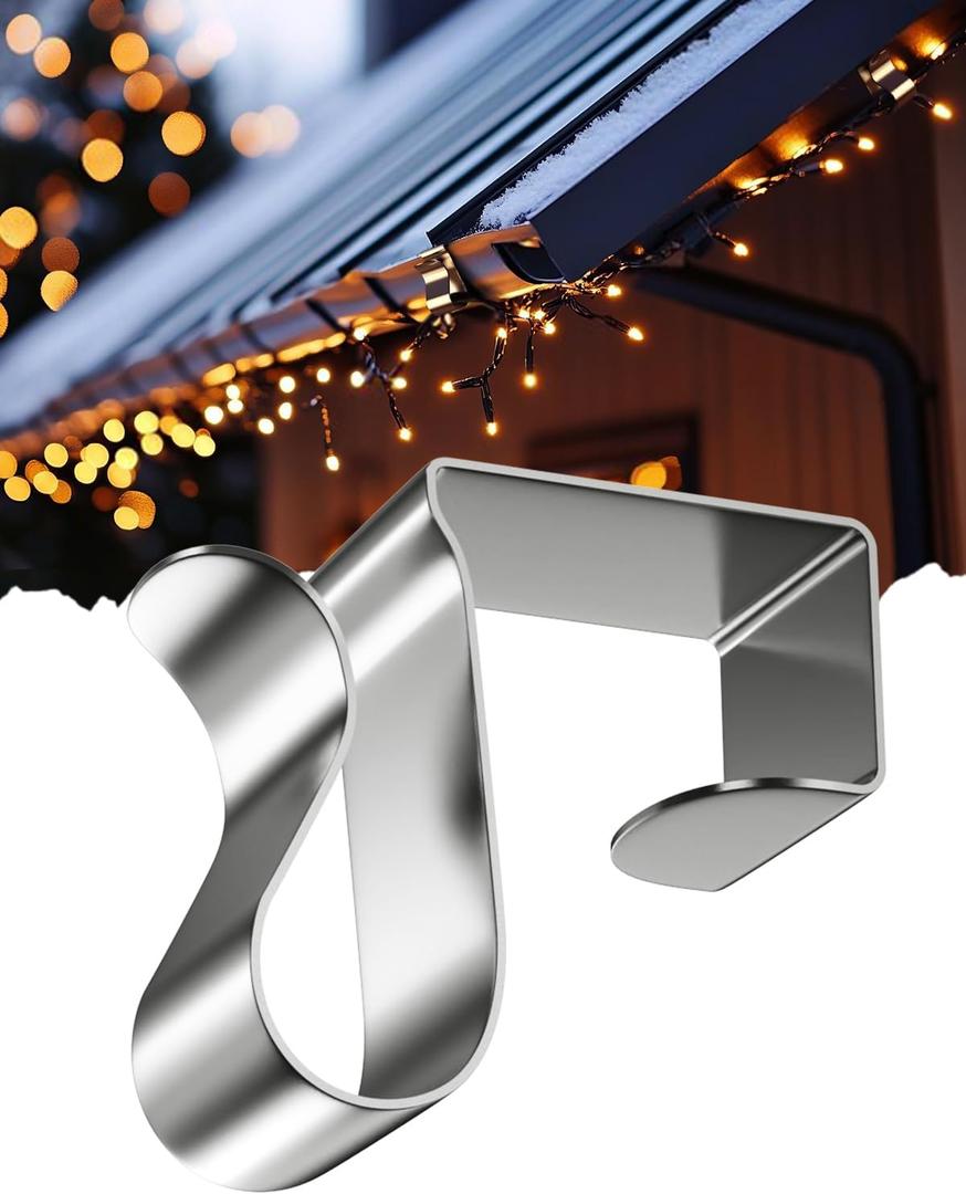 Gutter Clips for Hanging Outdoor Lights: 50 Pcs Metal Christmas Light Clips for outside String Lights - Weatherproof Gutter Clips for Xmas Halloween Seasonal Rope Mini Decoration Lights (Silver)