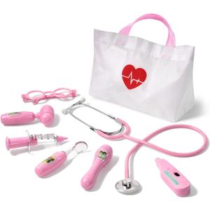 Phobby Kids Doctor Kit, 8 Pieces Toddlers Doctor Playset with Medical Storage Bag & Real Stethoscope, Pretend Play Doctor Toys Birthday Gift for Boys Girls Aged 3 4 5 6 (Pink)