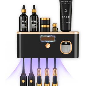 Toothbrush Holders for Bathrooms, Toothbrush Holder Wall Mounted with Toothpaste Dispenser, Rechargeable Cordless Wall Mounted Tooth Brushing Holder (Black Rose Gold)