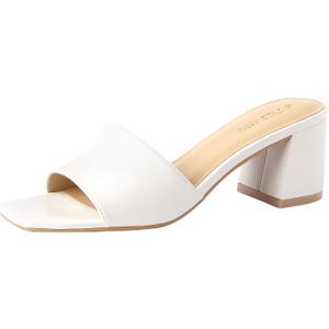 PIZZ ANNU Women's Square Open Toe Heels Sandals Low Block Chunky Heeled Sandal Slip on Mules Comfortable Casual Dress Pumps Shoes (White, 6.5)