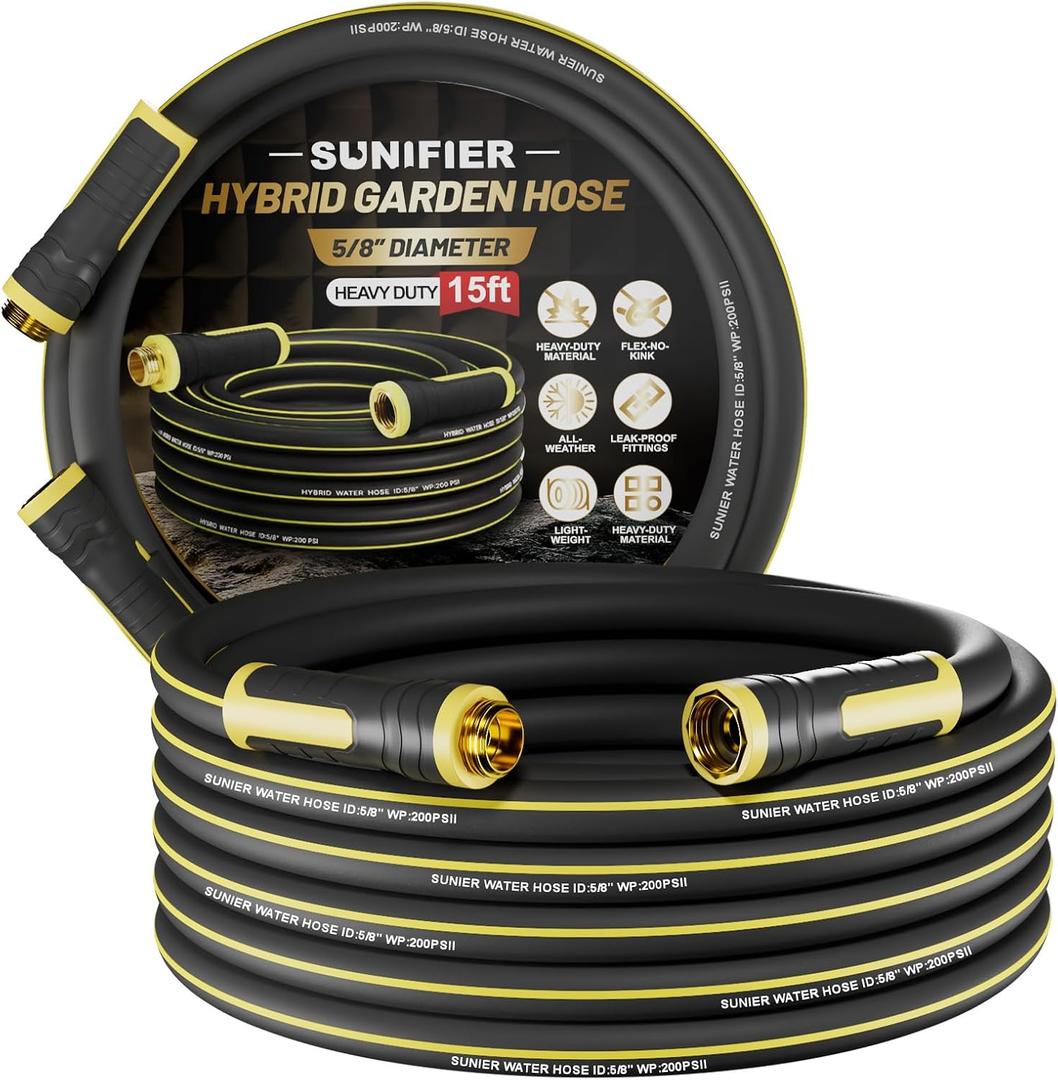 Hybrid Rubber Garden Hose 5/8 Inch, 15 ft Heavy Duty Kink-Free Water Hose, 3-Layer Reinforced, 600 PSI Burst Pressure, Water Safe, All-Weather Flexible Hoses for Yard, Lawn (Black,15 ft)