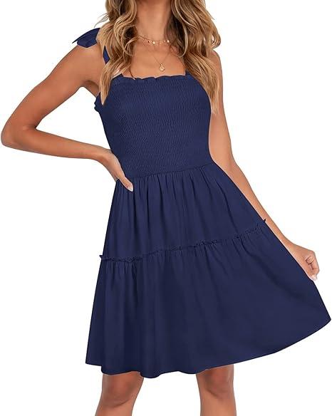 ZESICA Women's 2025 Summer Spaghetti Strap Sleeveless Square Neck Ruffle A Line Swing Mini Dress,Blue ,M