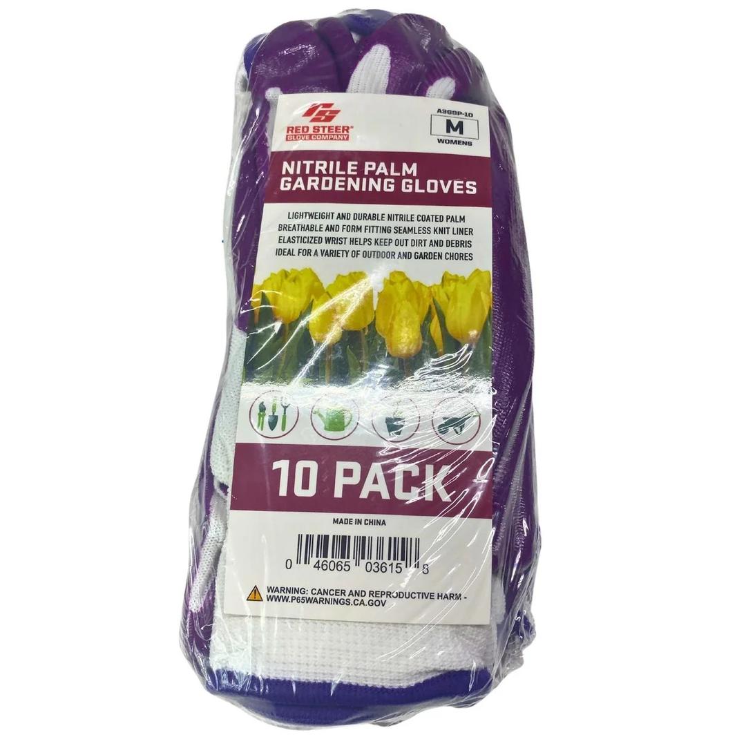 RED STEER GLOVE COMPANY, NITRILE PALM GARDENING GLOVES,PACK OF 10, (White& Purple)