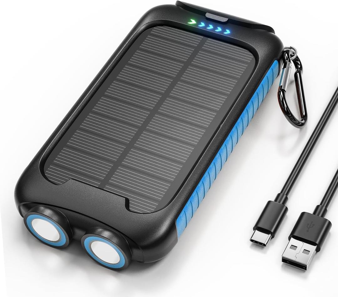 Solar Charger Power Bank, 38800mAh Portable Phone Charger with 1 Type-C & 2 USB-A Ports Built-in Dual LED Flashlight, 15W Fast Charging Waterproof Solar Panel Charger (blue)