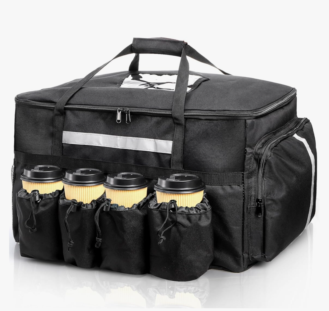 Foraineam Insulated Food Delivery Bag with 4 Cup Holders/Drink Carriers, Large Catering Thermal Bag, Pizza Warmer Carrying Case, Insulated Hot & Cooler Bags for Beverages, Grocery, Food Transport