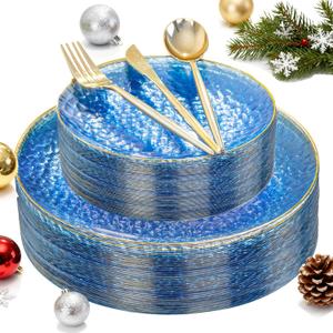 Rubtlamp 150Pcs Blue Christmas Plastic Plates, Gold Plastic Dinnerware Set For 30 Guest, Hammered Heavy Duty Plates with Gold Rim Include 30Dinner Platos, 30Salad Platos,90 Cutlery For Christmas