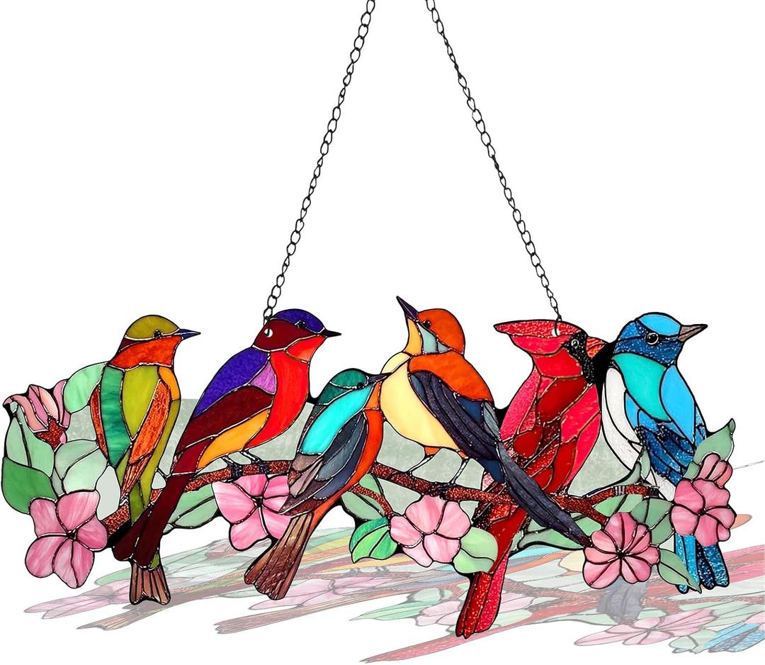 Stained Glass Window Hanging, Red Bird Cardinal Robin Bluebird Suncatcher for Window Door Home Decoration, Pink Floral Double Side Sun Catchers Glass Panel, Housewarming Birthday Gifts for Mom