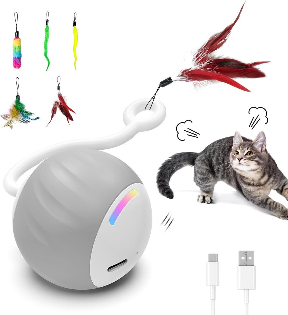 Interactive Cat Toys for Indoor Cats, Touch & Sound Smart Control - Fast slow 2 Speed Motion Activated Cat Ball Toy for Bored Cats With LED Lights, Feathers Tail, USB Charging Cable, 6in1 - Gray