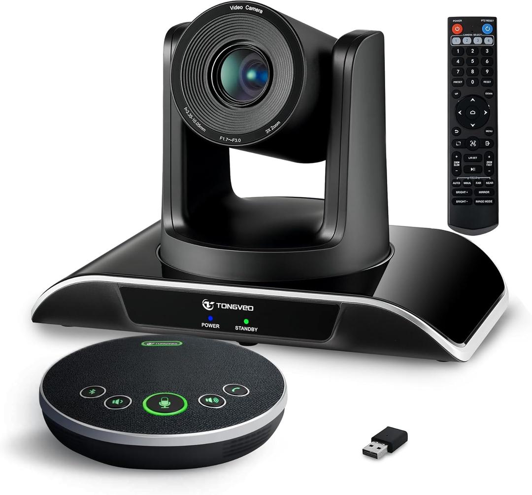 TONGVEO All-in-One Conference Room Video Camera System Al Auto-Tracking HD1080P 60fps 3X Optical Zoom USB3.0 HDMI PTZ Camera and Bluetooth Conference Speakerphone with Microphones