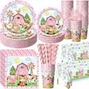 452 Pcs Pink Farm Animal Birthday Decorations for 50, Barnyard Animal Paper Plates Napkins Cups Tablecloth Cutlery Straws Barn Farm Tableware Set for Birthday Baby Shower Party Supplies