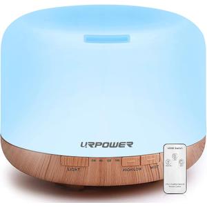 URPOWER 500ml Essential Oil Diffuser with Cool Mist Humidifier Function - 7 Color Changing LED Lights, 4 Timer Modes & Auto Shut-Off Ultrasonic Aromatherapy Scent Diffuser for Home, Office