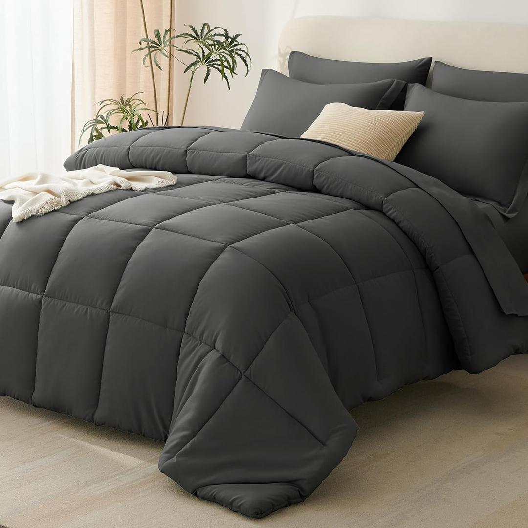 CozyLux Queen Comforter Set Dark Grey - 7 Pieces Bed in a Bag Queen, All Season Breathable Bedding Sets, Oeko-Tex Certified Bed Set with Down Alternative Comforter, Sheets, Pillowcases & Pillow Shams