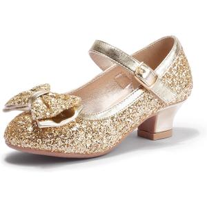 PANDANINJIA Girls Dress Shoes Toddler Heels Ruby Bow Mary Jane Low Heels Flower Girl Party Pumps Wedding Princess Shoes for Toddler/Little Kid/Big Kid (Gold Sequin, 9 M US Toddler)