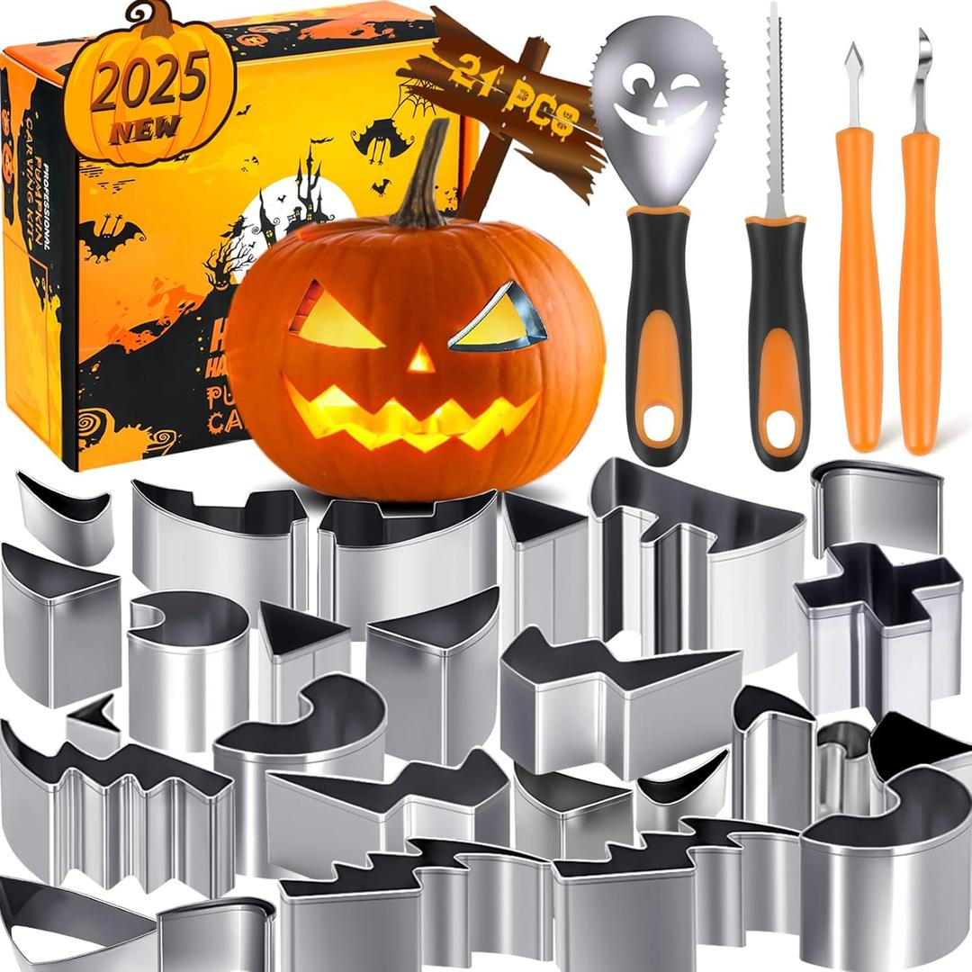 Halloween Pumpkin Carving Kit, NEW 21 PCS Safe and Easy Pumpkin Carving Tools with Stainless Steel Stencils Knife Set for Halloween Decoration Jack-O-Lanterns for Kids Adults