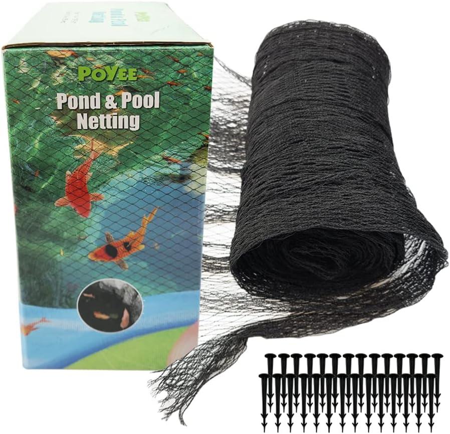 POYEE 28x30ft Pond Netting for Leaves Leaf Net Cover Pond Net with Small Fine Mesh Protecting Koi Fish from Birds Cats Stakes Included