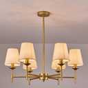 Gold Chandelier with Shades 6 Light Ceiling Light Fixture with Linen Fabric Farmhouse Pendant Lights for Bedroom Kitchen Dining Room Living Room Foyer, 6 Light Gold