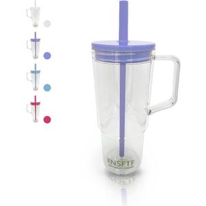 40oz Insulated Clear Tumbler with Handle and Lid & Straw, Reusable Travel Mug for Cold and Hot Drinks, Double-Wall Plastic Water Bottle | Crystal-Clear | Car Cup Holder Fit | Leakproof | BPA-Free (Purple)