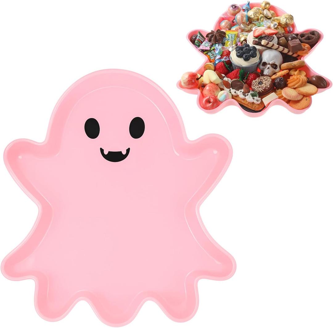 13.7 Inch Halloween Plastic Charcuterie Fillable Food Trays Disposable Bat Shaped Display Mache Box Candy Serving Tray Container for Halloween Party Favors Supplies, (Ghost, Pink)