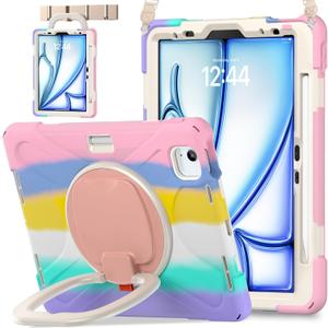 BATYUE Case for iPad Air 11-inch M4 (2026)/ M3 (2025)/ M2 (2024), iPad Air 5th/4th 10.9 inch(2022/2020), iPad Pro 11" 4th/3rd/2nd/1st Kids Cover with 360 Rotating Stand, Pencil Holder, Strap, Pink