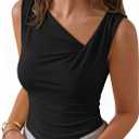 ZESICA Womens Summer Sleeveless Tank Tops 2026 Asymmetrical Neck Ruched Slim Fit Shirts Fashion Going Out Clothes (Black, S)