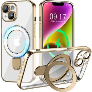 Magnetic for iPhone 14 Case with Invisible Stand[Compatible with MagSafe][Full Camera Lens Protector][Military Drop Protection] Shockproof Not Yellowing Clear Slim Soft for Women Men (Gold)