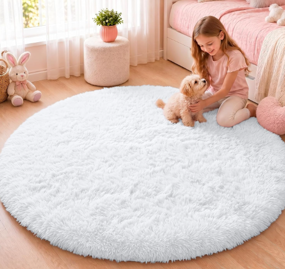 OLANLY White Round Rugs for Bedroom - Machine Washable, 4 ft Circle Area Rugs for Living Room, Soft and Fluffy Shaggy Carpet for Teen Girls and Boys, Nursery Rooms, Dorms, Home Decor Aesthetic