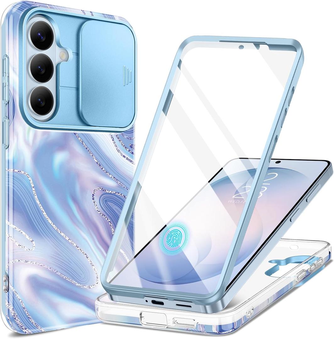 GVIEWIN for Samsung Galaxy S26 Plus Case,[Slide Camera Cover & Built-in Screen Protector] [Military-Grade Shockproof] Marble Rugged Full Body Protection Phone Case for S26+ Plus 6.7",Aurora/Azure Blue