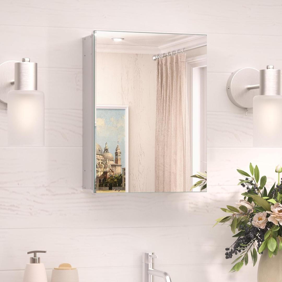 TokeShimi 14x18 Bathroom Mirror Medicine Cabinet Aluminum, Tempered Mirror with Adjustable Storage Frameless Silver Farmhouse Medicine Cabinet Recessed or Surface Mount Metal Modern