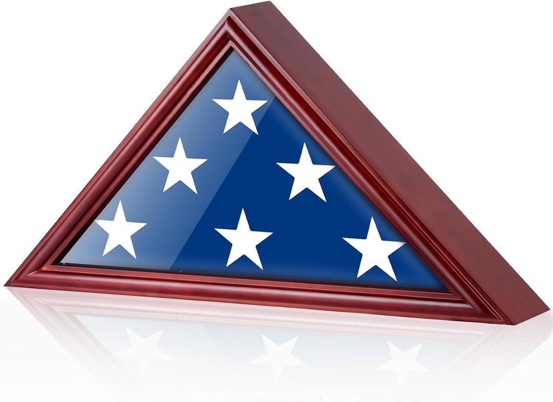 DecoWoodo Flag Display Case for 9.5'x5' American Veteran Burial Flag with HD Tempered Glass, Wall Mounted Memorial Flag Holders for Folded Funeral Flag Wooden Triangle Flag Frame Shadow Box, Mahogany