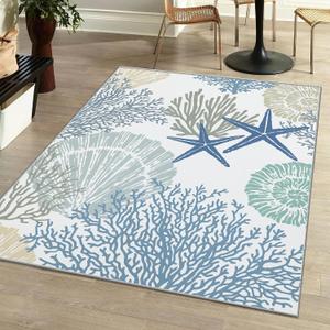 Tritard Coastal Area Rugs Nautical Beach Themed Non-Slip Machine Washable Rugs Modern Floor Carpet for Living Room Bedroom, 5x7, Blue