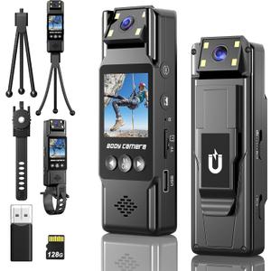 128GB Body Camera 4K HD Police Body Cam Portable Mini Body Camera 180 Rotatable Lens 1200mAh 6H Battery, 1.3" LCD, Flash Light for Cycling, Daily Records, Delivery/Serving Jobs