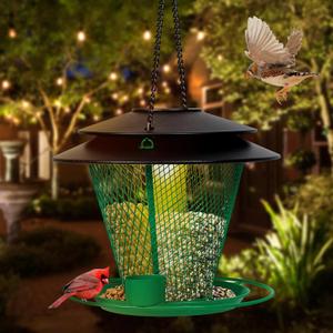 Solar Metal Wild Bird Feeder, Squirrel Proof, with 2 Size, Cardinal, Green, Outdoor Hanging, Garden Lantern with Bird Feeder Decor Gift