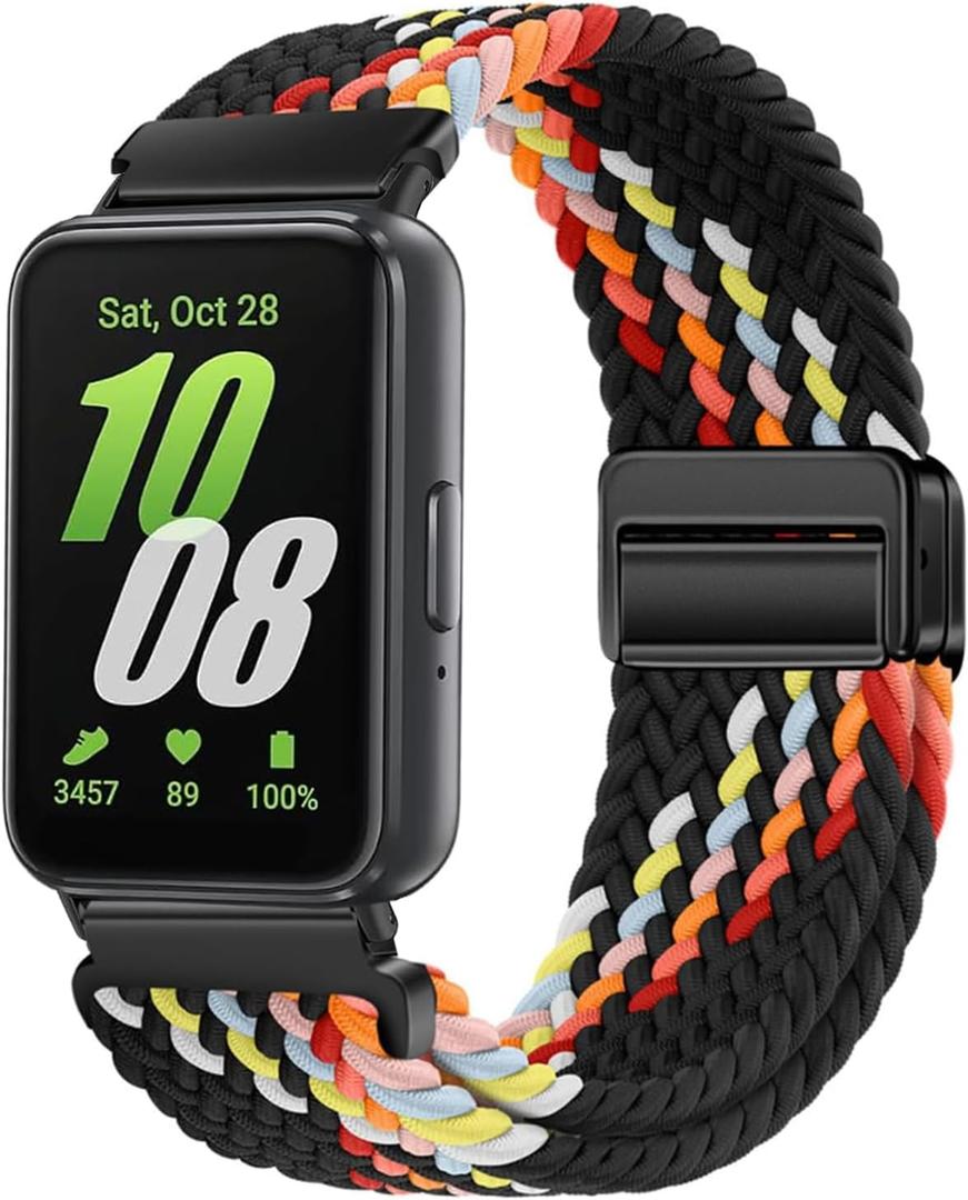 Nylon Braided band Compatible with Galaxy Fit 3, Elastic Magnetic Buckle Band for Galaxy Fit 3 SM-R390 (Black Rainbows)