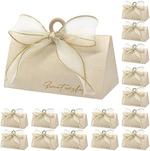 GLGHMH Wedding Candy Boxes, Beige Wedding Favor Boxes Chocolate Treat Gift Boxes,with Wooden Beads and Ribbon,for Wedding Bridal Shower Baptism Baby Shower Birthday Party Decoration Supplies(20pcs,S)