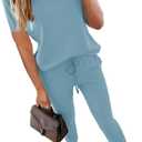 HBQ Women's Color Block 2 Piece Outfits Summer Travel Tracksuit Short Sleeve Tops High Waisted Jogger Pants Lounge Sets-Light Blue-L
