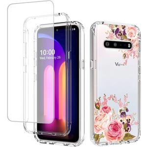 Case for LG V60 ThinQ 5G Case/LG V60/LM-V600 Case with Tempered Glass Screen Protector, Full Body Clear Flexible with Floral Design Protection Bumper Phone Cover Cases for LG V60 (Rose Flower)