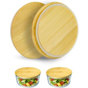 Replacement Wooden Lids for Pyrex, Anchor Hocking Glass Containers 7200 * 2, Bamboo Lids for Pyrex 2Cup Glass Bowls, Bowl Covers with Leakproof Silicone Gasket 2 Pack