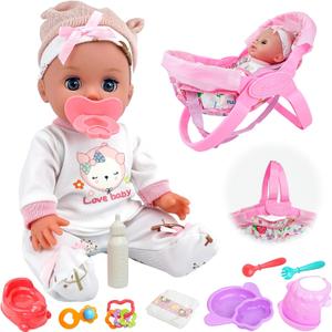 SMILESSKIDDO 14" Baby Doll with Washable Dolls Accessories, Lifelike Soft Babydoll Pretend Play Includes Carrier Bassinet Bed, Doll Clothes, Feeding Set, Gift Idea for Girls 1 2 3+ Year Old