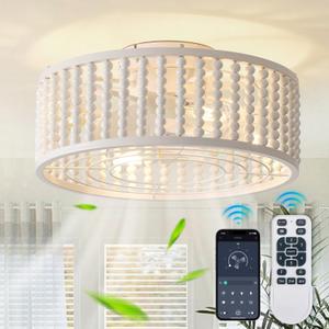 Caged Ceiling Fan with Light and Remote & App for Nursery Enclosed Chandelier Ceiling Fans for Kids Bunk Bed Flush Mount Fandelier for Low Profile Ceilings, Bulbs Included 20 Inch Off-White