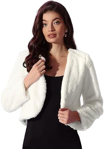 Allegra K Cropped Jacket for Women's Faux Fur with Pockets Long Sleeve Open Front Wedding Bolero Gowns Coat, XS