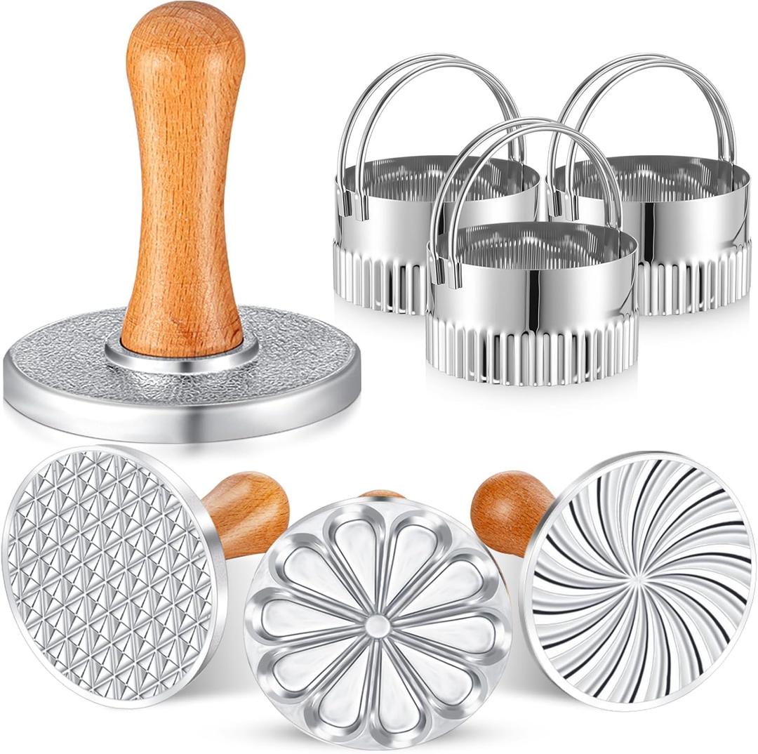 Wenqik 6 Pcs Cookie Stamps Round Metal Cookie Press with Cutter Tool Wooden Handle Mold Biscuit Embossing Stamp Mold Stamper Decorating Supplies for DIY Baking Cakes Pastries Gift (Combine)
