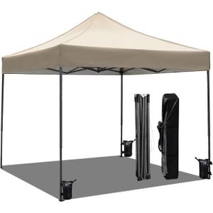 10x10 Heavy Duty Canopy Pop Up Commercial Canopy Tent, Vendor Tent with 400D Oxford Fabric for Camping Outdoor Events Parties Weddings, UPF 50+ Waterproof (Khaki)