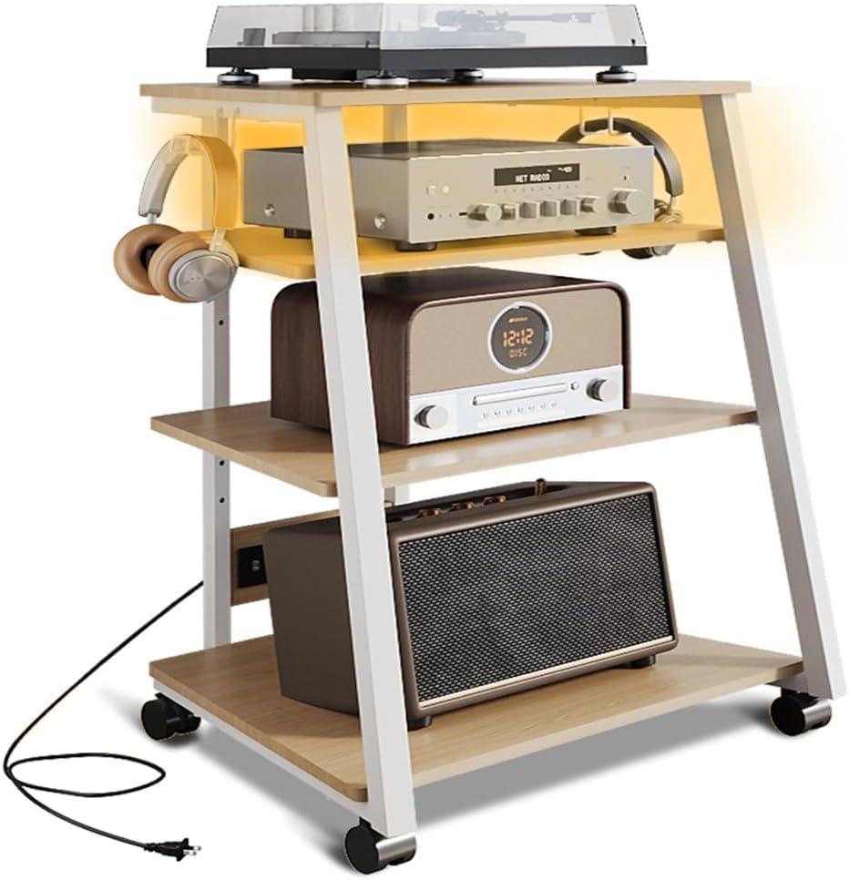 4-Tier Stereo Stand, AV Media Stand Cabinet Console Shelf with Power Strips and 2 Hooks, Audio-Video Rack Game Console Stand Media Organizer (Maple)