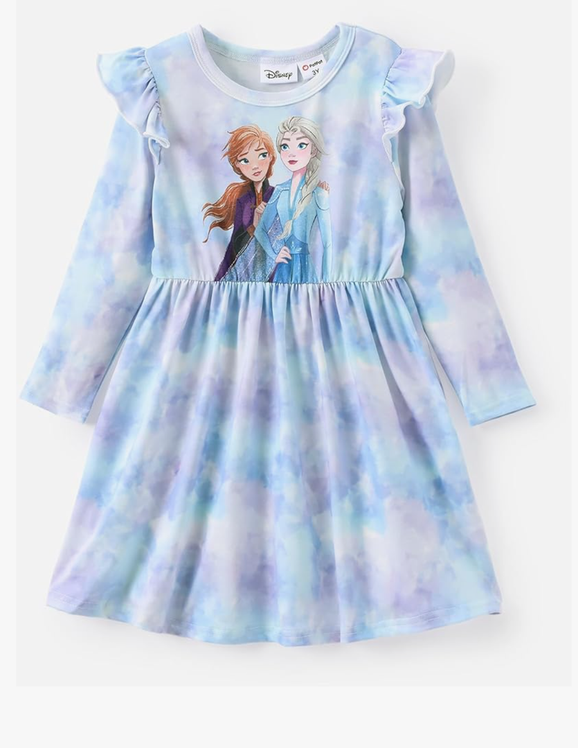 Disney Princess Frozen Elsa Minnie Mickey Stitch Ruffle Sleeve Dress A Line Long Sleeve Kids Clothes Baby to Toddler, 5-6 y