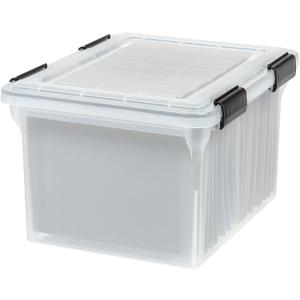 IRIS USA File Box WeatherPro Organizer Plastic for Letter/Legal, Water Resistant Document, Durable Lid, Seal w/Secure Latching Buckles, Stackable, Nestable, Clear 32 Qt. 1 Pack