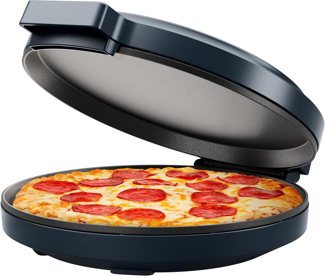 Chefman Everything Maker & Pizza Oven  1440W Countertop Electric Pizza Maker with 12 Nonstick Cooking Plates, Plus Makes Quesadillas, Omelettes and More, with Indicator Lights and Vertical Storage (13" x 15" x 4", Midnight)