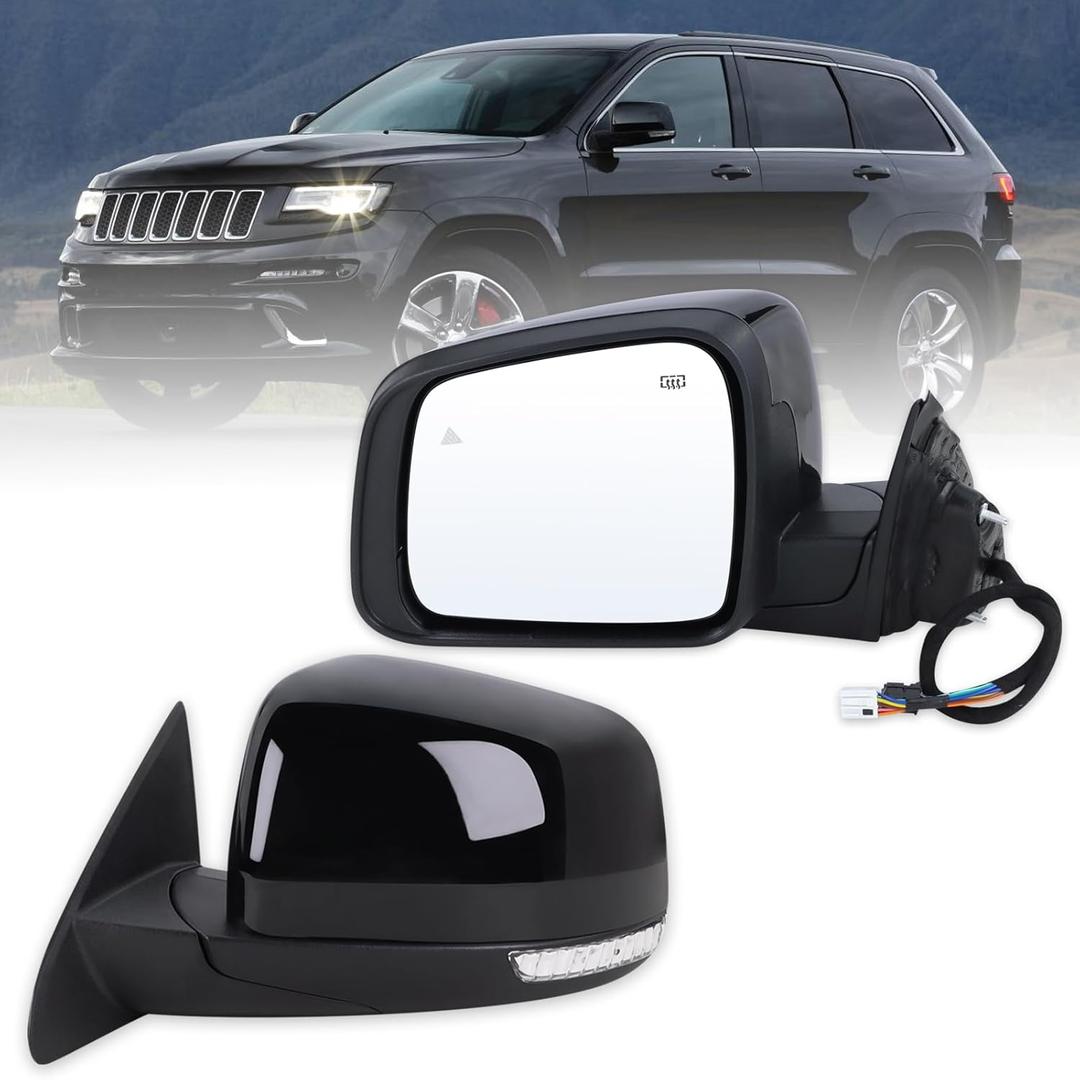 Left Driver Side Mirror Fits 2014-2021 Jeep Grand Cherokee 2022 Grand Cherokee WK With Power Folding Heated Turn Signal Mirror Memory Blind Spot Puddle Light Black Replace#5VB45AXRAB(18Pins)