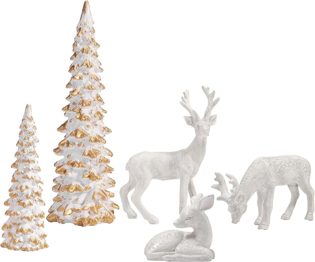 DN DECONATION Reindeer and Christmas Tree Decoration Set Of 5 Xmas Deer Figurines and Tree Statues White & Gold Resin Christmas Figurines for Table Decor, Mantle Decor, Holiday Decorations Indoor