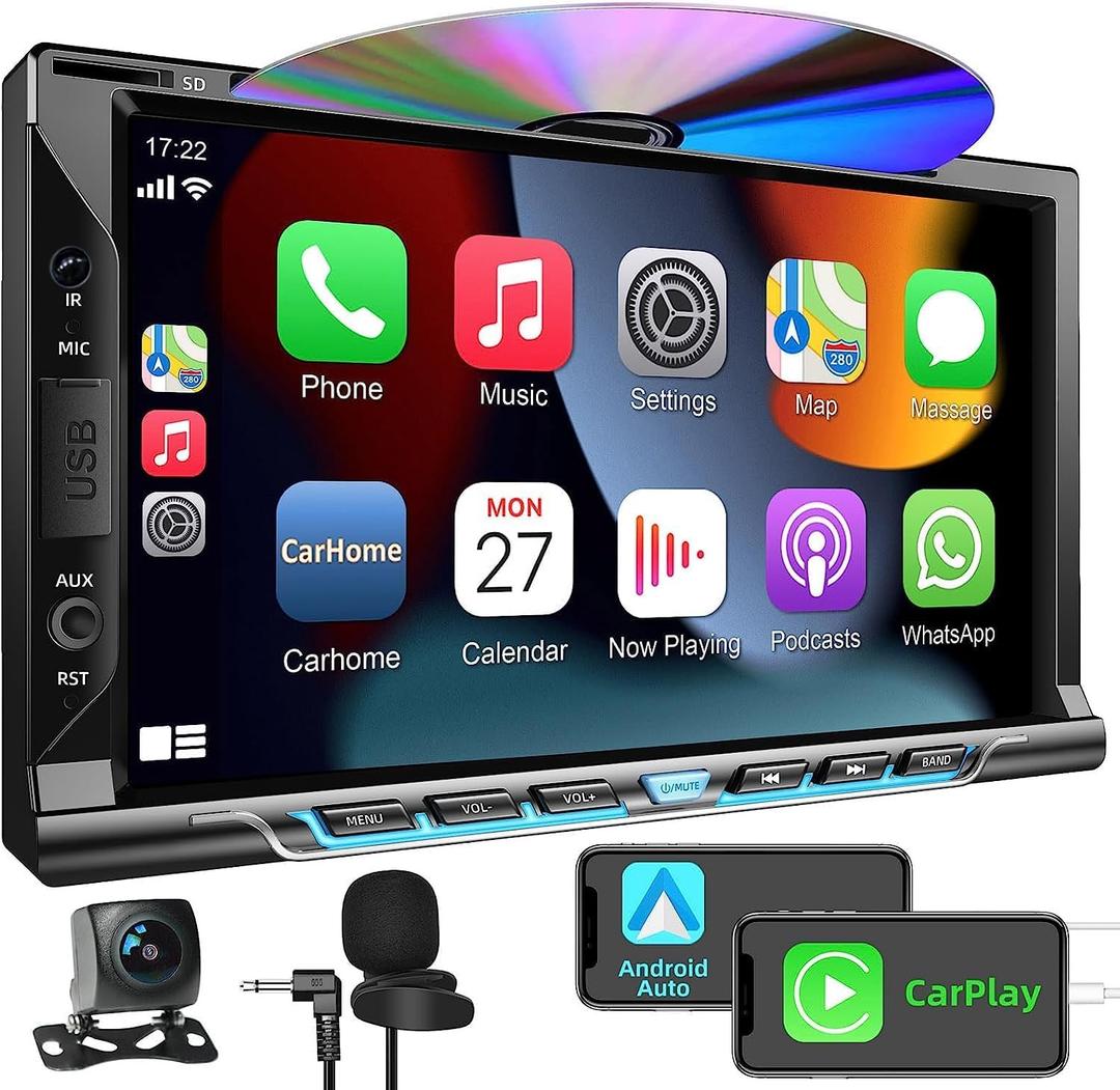 Double Din Car Stereo Radio with CD/DVD Player, 7 HD Touch Screen Car Stereo with CarPlay & Android Auto, Bluetooth 5.2, Mirror link, Backup Camera, Subwoofer,SWC, AM/FM Car Radio Receiver, AUX Input